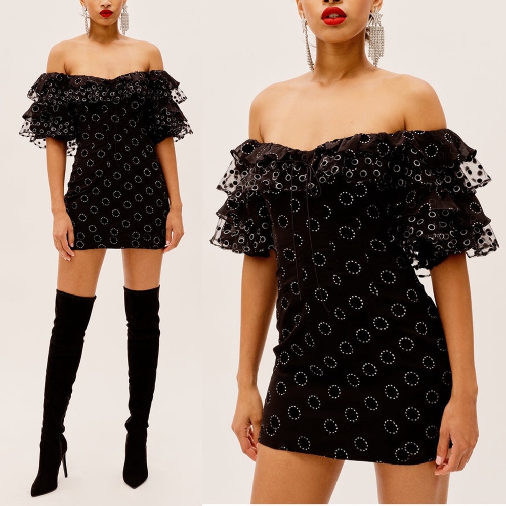 For Love & Lemons Adella Party Dress Black Polka Dot Ruffle Mini Small